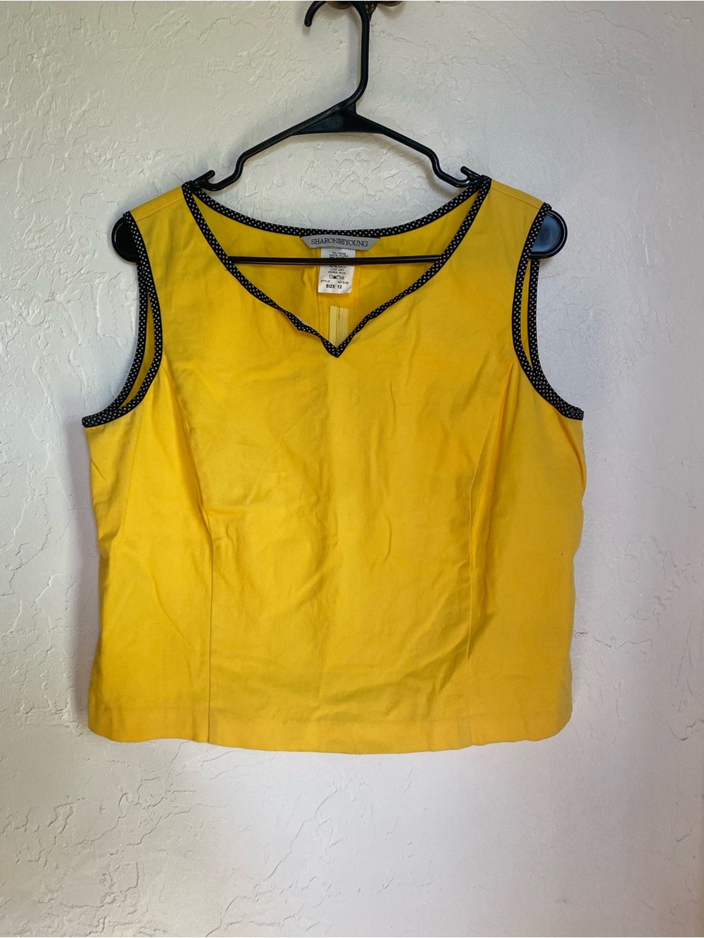 Sharon Young Yellow Blouse Tank with Black Polka Dot Trim V-Neck